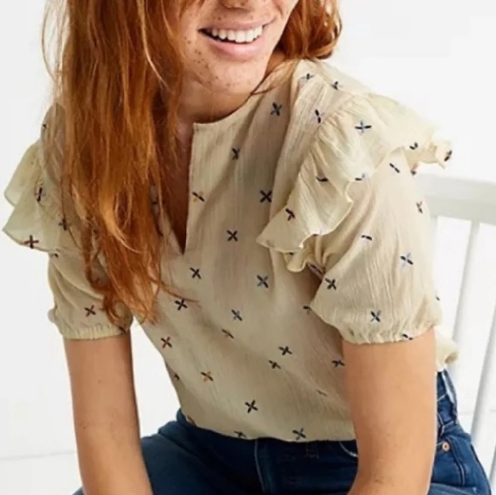 Madewell | Gazebo Embroidered Rainbow Gauze Ruffle Short Sleeve Blouse Top S‎